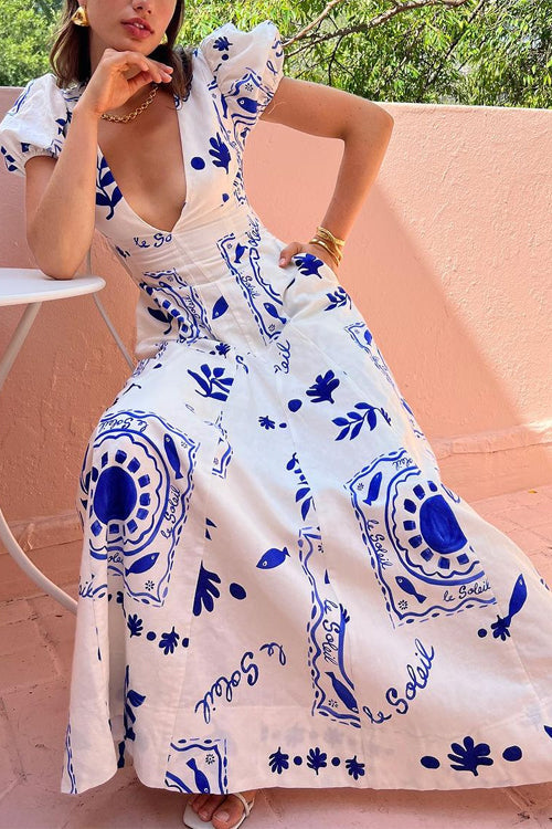 Diepe V-Hals Maxi Jurk met Pofmouwen