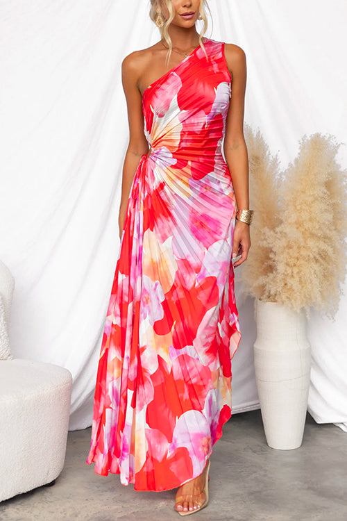 One Shoulder Mouwloze Bedrukte Asymmetrische Geplooide Maxi Jurk
