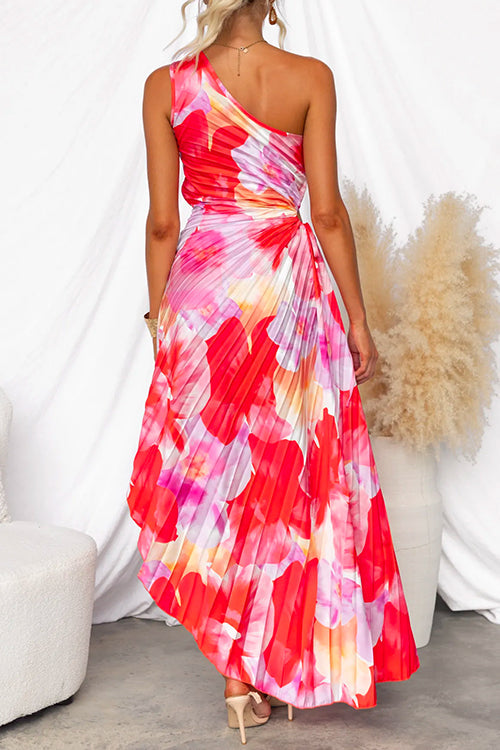 One Shoulder Mouwloze Bedrukte Asymmetrische Geplooide Maxi Jurk