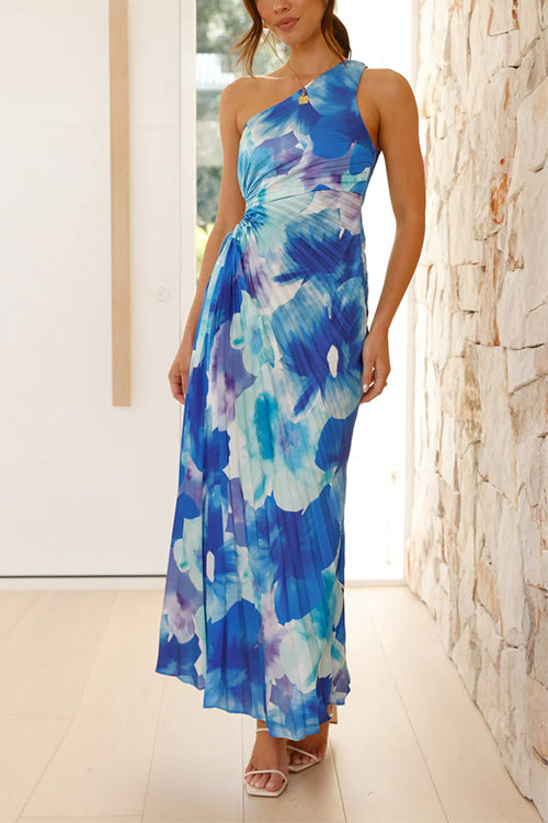 One Shoulder Mouwloze Cut-Out Bedrukte Swing Maxi Jurk