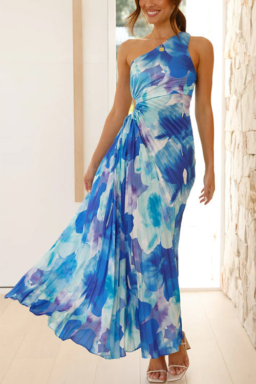 One Shoulder Mouwloze Cut-Out Bedrukte Swing Maxi Jurk