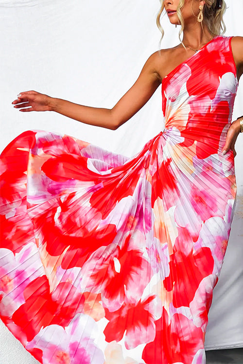 One Shoulder Mouwloze Bedrukte Asymmetrische Geplooide Maxi Jurk