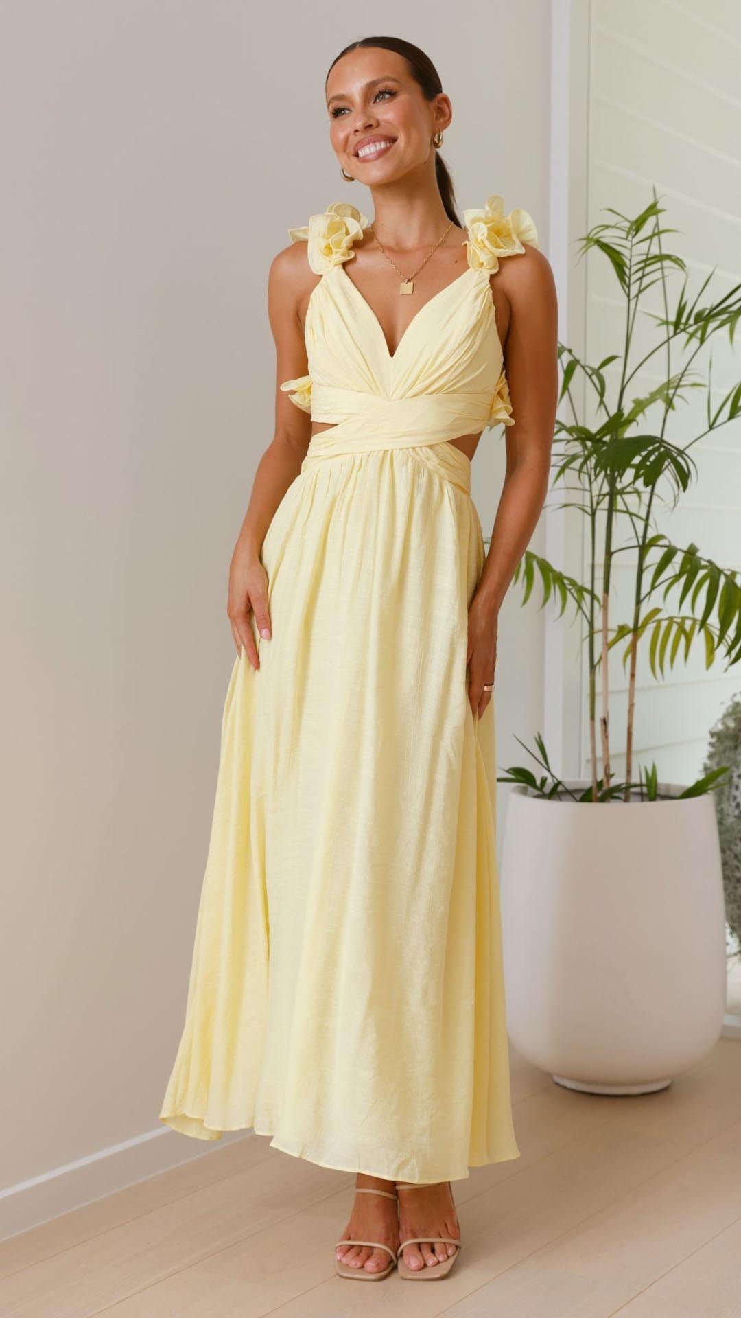 Prime™ | Gele Maxi Jurk met Ruches en V-Hals