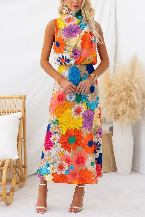 Mouwloze Striknek Getailleerde Bloemenprint Maxi Jurk