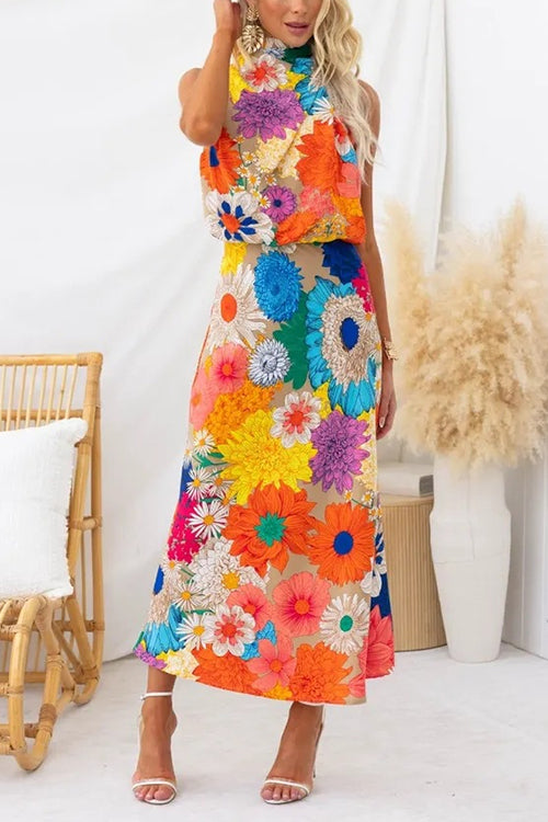 Mouwloze Striknek Getailleerde Bloemenprint Maxi Jurk