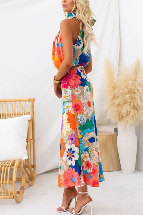 Mouwloze Striknek Getailleerde Bloemenprint Maxi Jurk