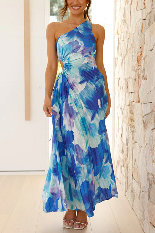 One Shoulder Mouwloze Cut-Out Bedrukte Swing Maxi Jurk