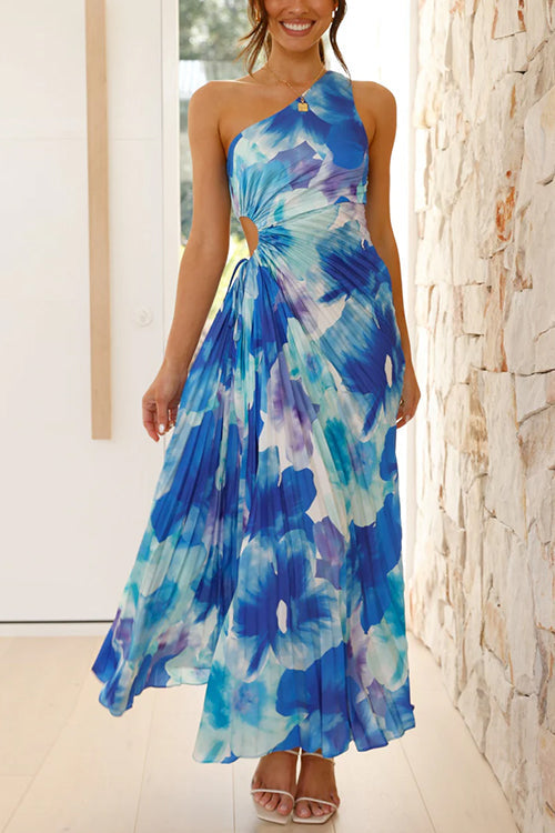 One Shoulder Mouwloze Cut-Out Bedrukte Swing Maxi Jurk