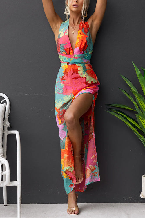 V-Hals Mouwloze Striksluiting op de Rug Bloemenprint Maxi Jurk met Split