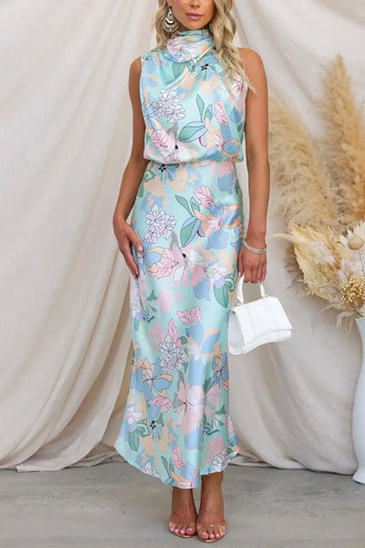 Asymmetrische Striknek, Getailleerde Maxi Jurk met Bloemenprint in Satijn