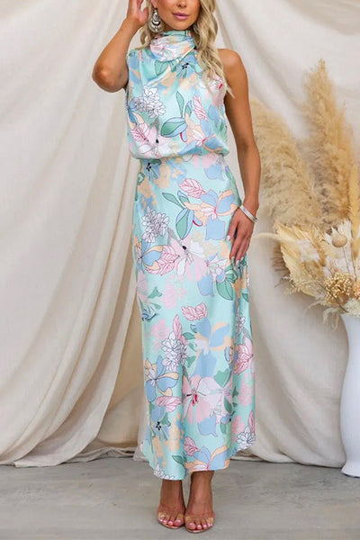 Asymmetrische Striknek, Getailleerde Maxi Jurk met Bloemenprint in Satijn
