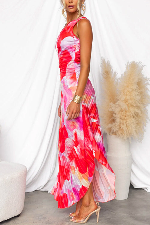 One Shoulder Mouwloze Bedrukte Asymmetrische Geplooide Maxi Jurk