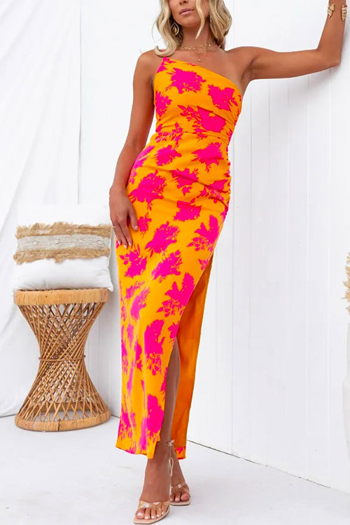 One Shoulder Zijsplit Bedrukte Cami Maxi Jurk