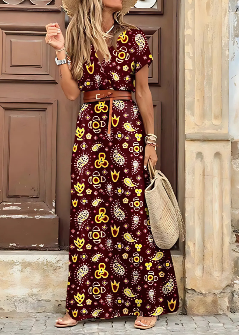 Lange Boho Jurk met Geplooide Taille
