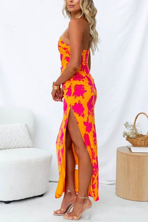 One Shoulder Zijsplit Bedrukte Cami Maxi Jurk