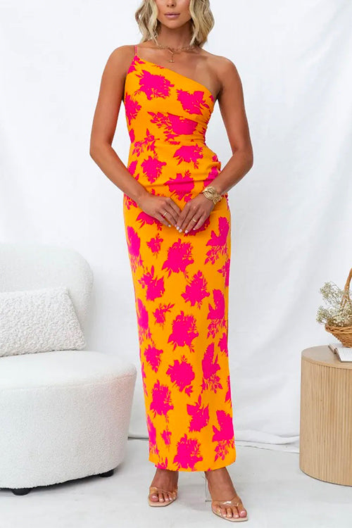One Shoulder Zijsplit Bedrukte Cami Maxi Jurk