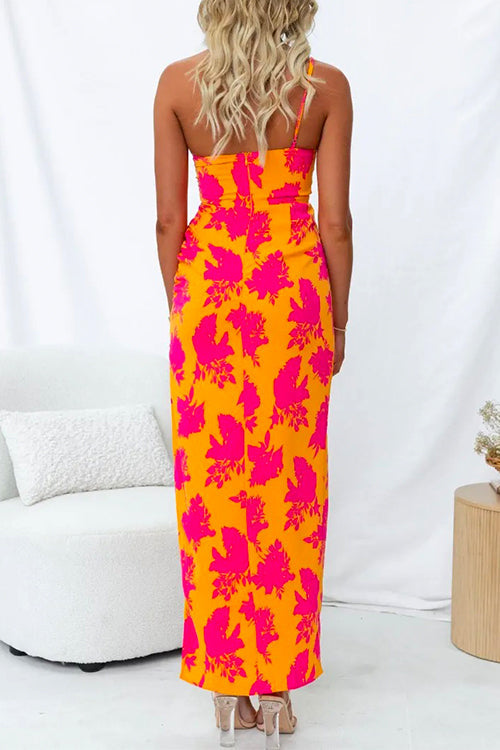 One Shoulder Zijsplit Bedrukte Cami Maxi Jurk
