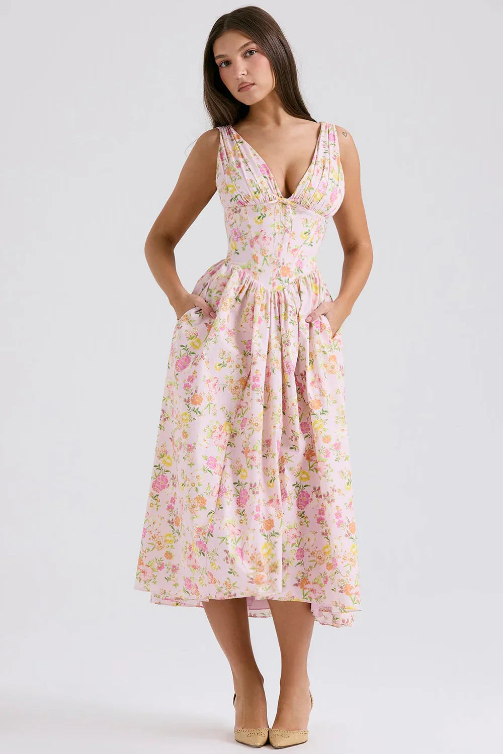 Ariana – Midi Jurk met V-Hals, Corset Pasvorm en Uitlopende Rok