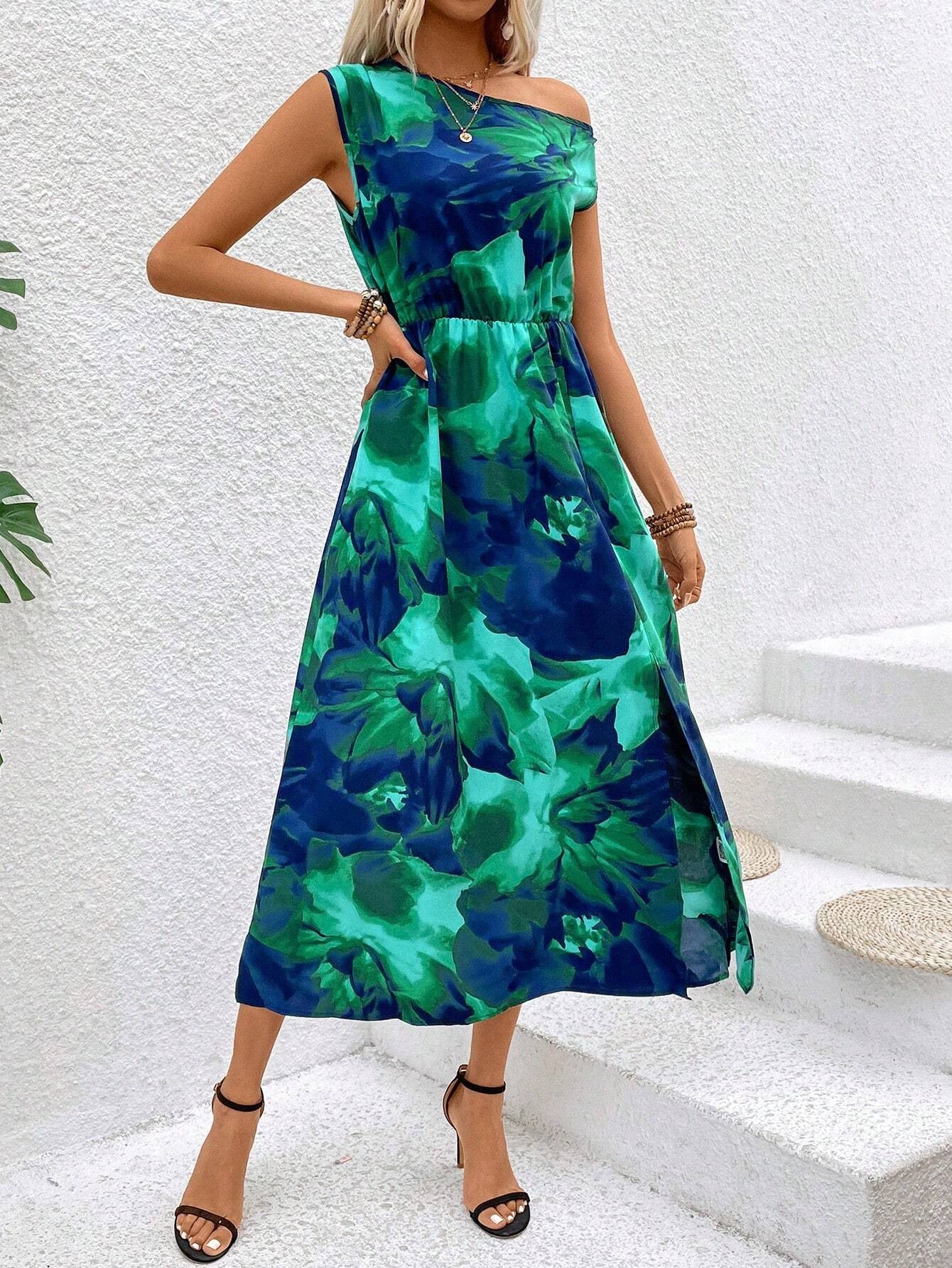 One Shoulder Strik Taille Split Bloemenprint Maxi Jurk