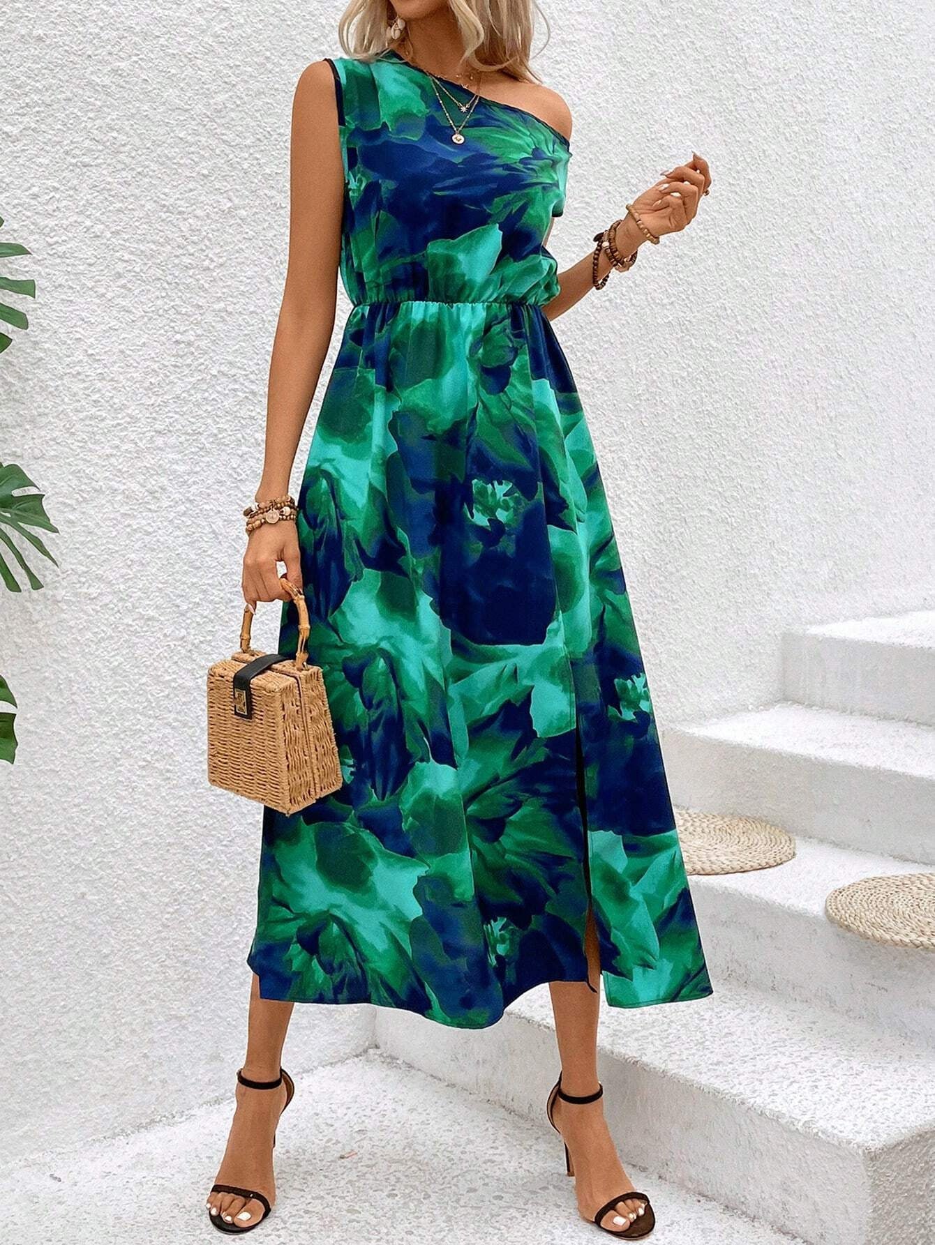 One Shoulder Strik Taille Split Bloemenprint Maxi Jurk