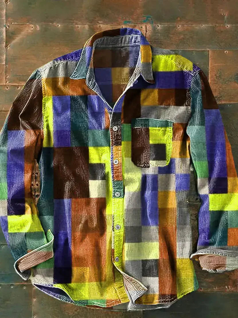 Retro Kleurmatchende 3D-Geprinte Heren Overhemd met Lange Mouwen en Knoopsluiting
