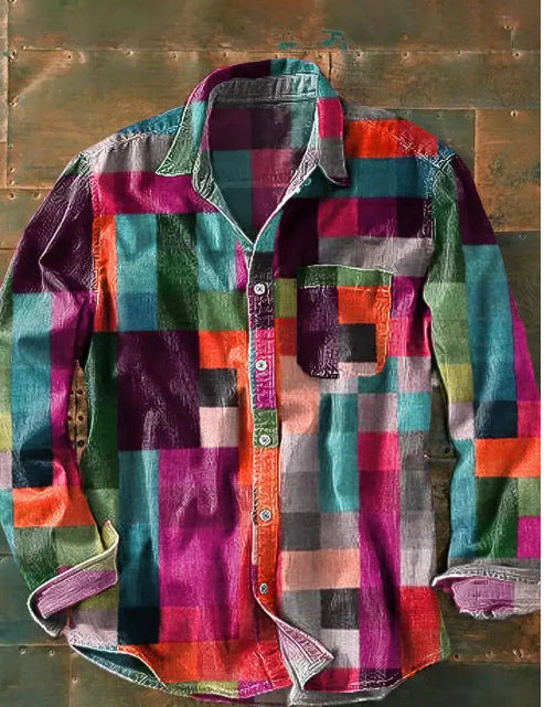 Retro Kleurmatchende 3D-Geprinte Heren Overhemd met Lange Mouwen en Knoopsluiting