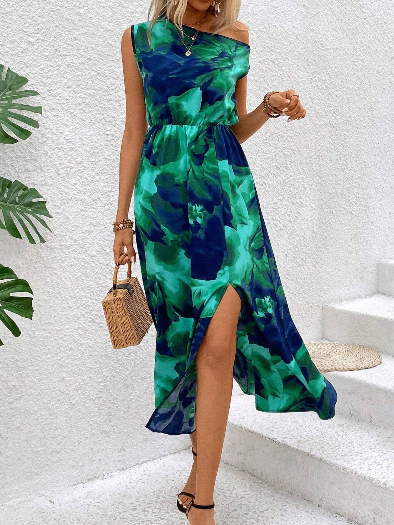 One Shoulder Strik Taille Split Bloemenprint Maxi Jurk