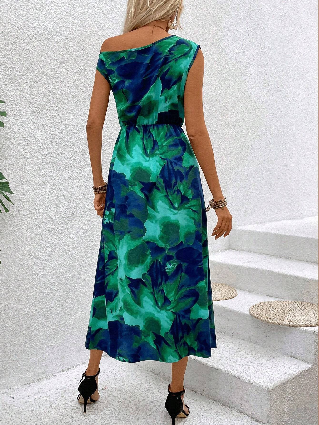 One Shoulder Strik Taille Split Bloemenprint Maxi Jurk