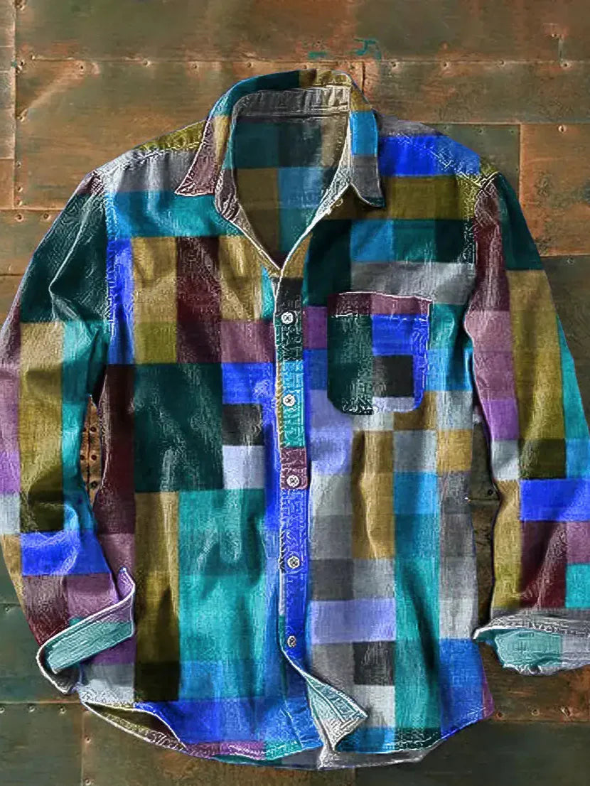 Retro Kleurmatchende 3D-Geprinte Heren Overhemd met Lange Mouwen en Knoopsluiting