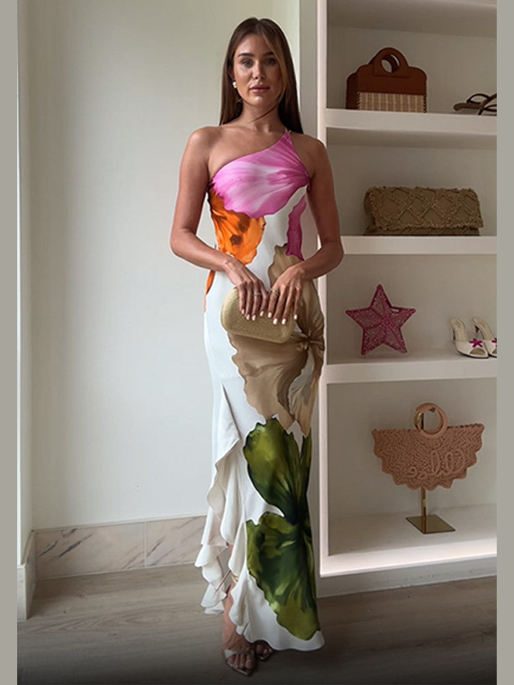 Floral One Shoulder Slit Jurk