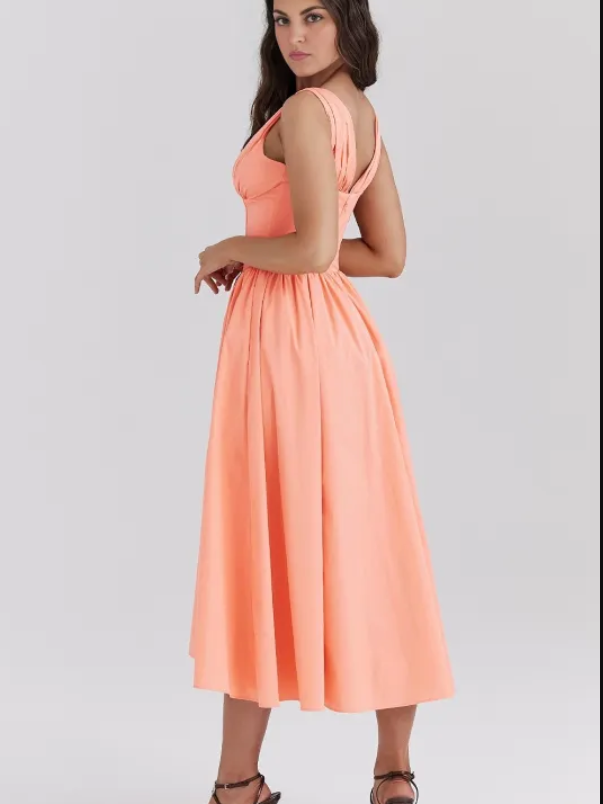 Ariana – Midi Jurk met V-Hals, Corset Pasvorm en Uitlopende Rok
