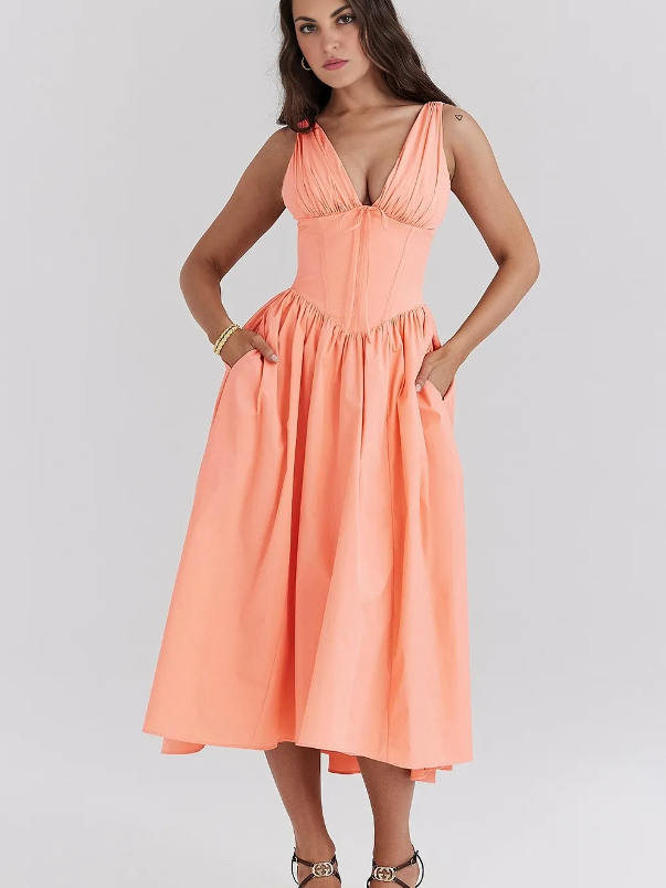 Ariana – Midi Jurk met V-Hals, Corset Pasvorm en Uitlopende Rok