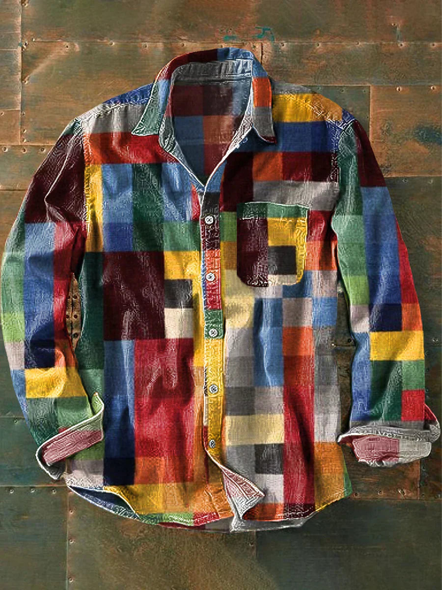 Retro Kleurmatchende 3D-Geprinte Heren Overhemd met Lange Mouwen en Knoopsluiting