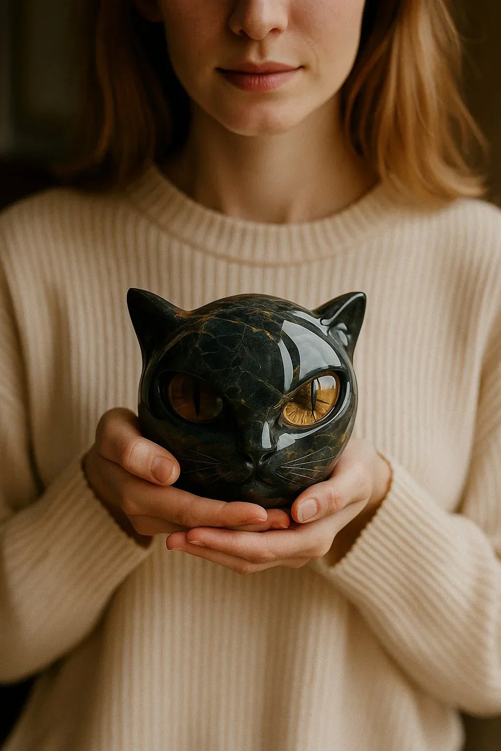 Middernachtse Majesteit™ – Mystieke Zwarte Kattenkop Beeld