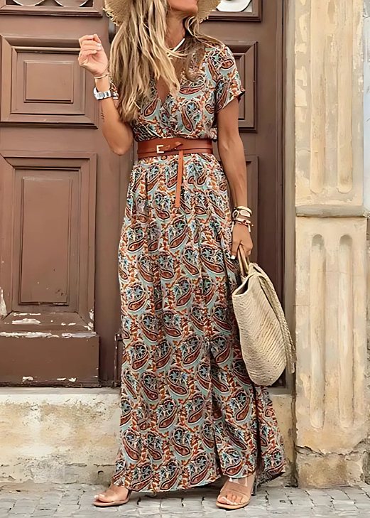 Lange Boho Jurk met Geplooide Taille