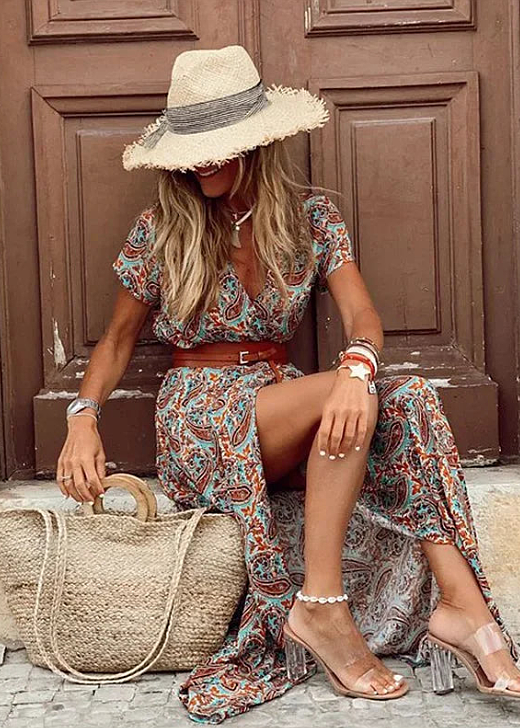Lange Boho Jurk met Geplooide Taille