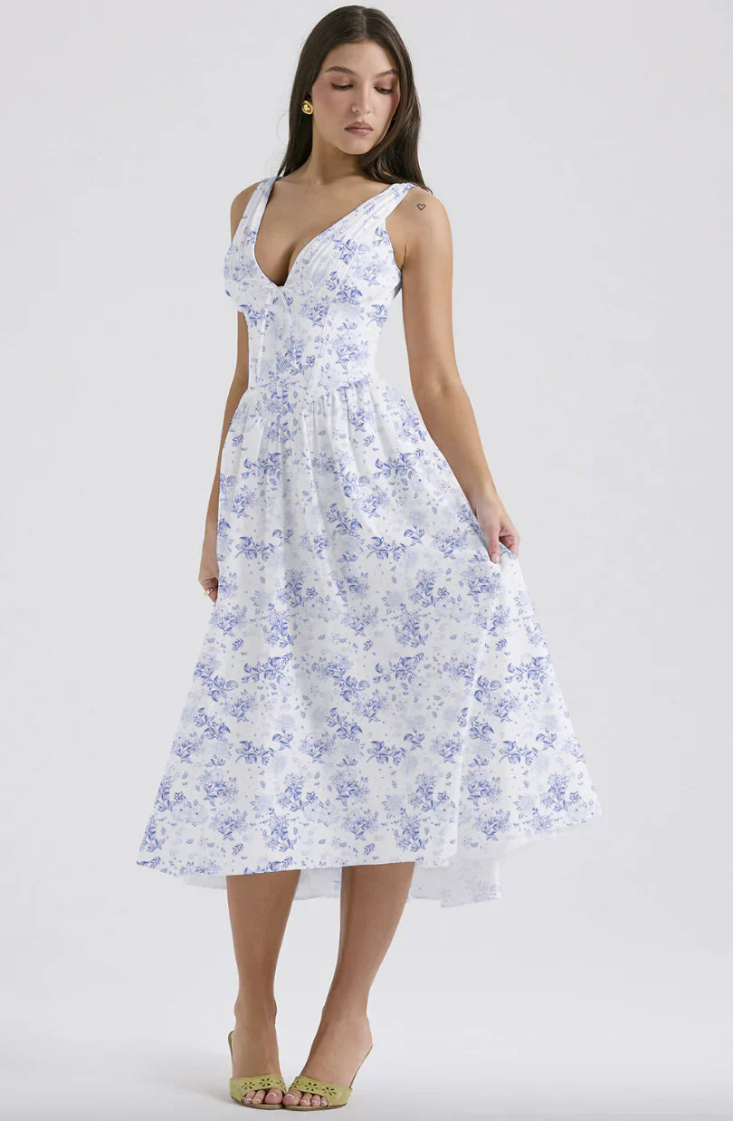 Ariana – Midi Jurk met V-Hals, Corset Pasvorm en Uitlopende Rok